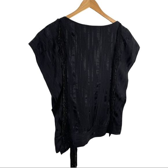 BCBGMAXAZRIA Black Silk Ruffle Blouse Top Beaded Fringe with Shinny Stripes XXS - Picture 15 of 16
